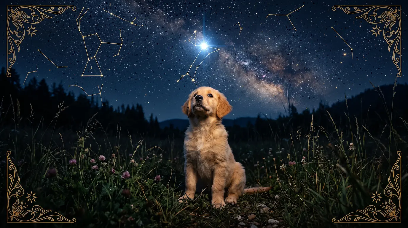 A photoreal puppy sitting under a deep midnight navy night sky filled with golden constellations, with the bright Dog Star Sirius glowing above its head