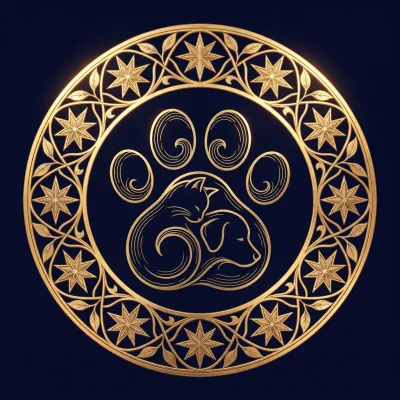 Gold art-nouveau zodiac wheel emblem with a cat and dog curled inside a paw print