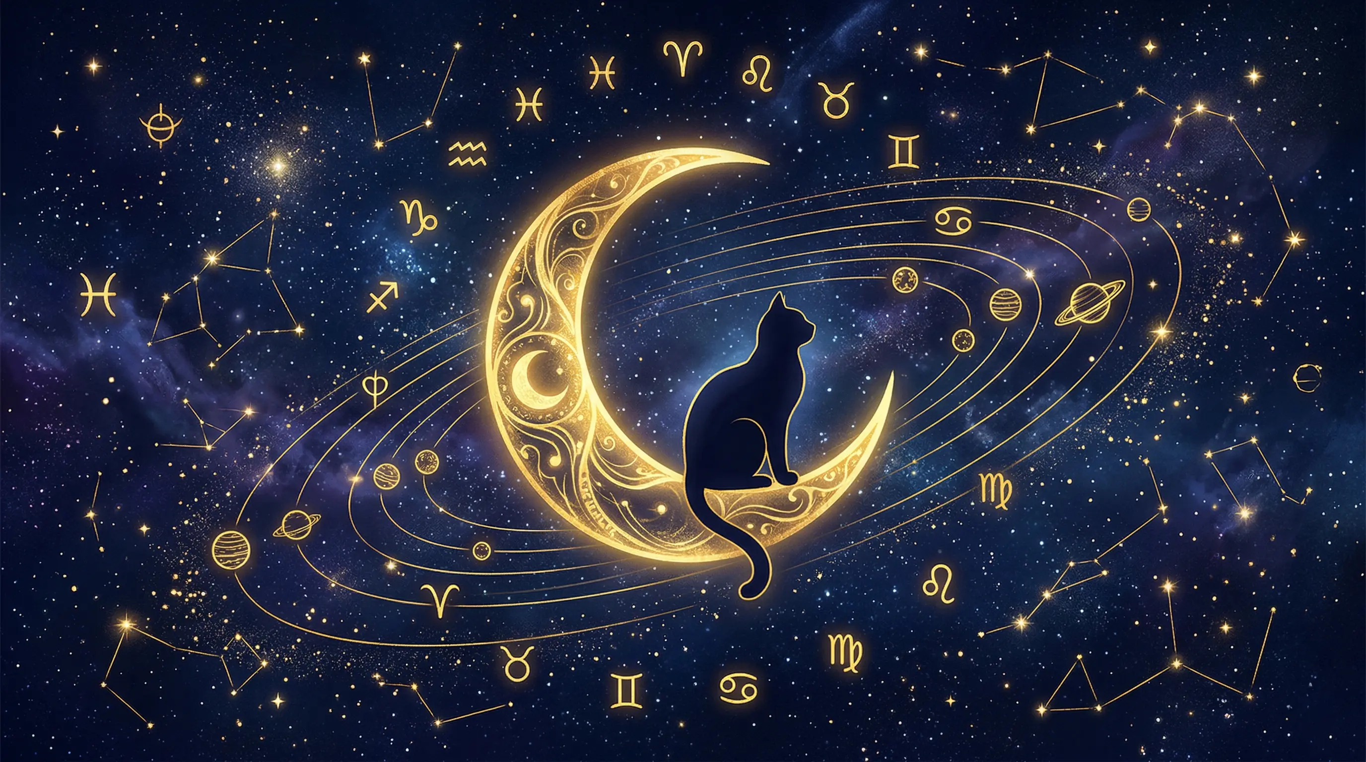 Astrological wheel with cat silhouettes — all 12 cat zodiac signs
