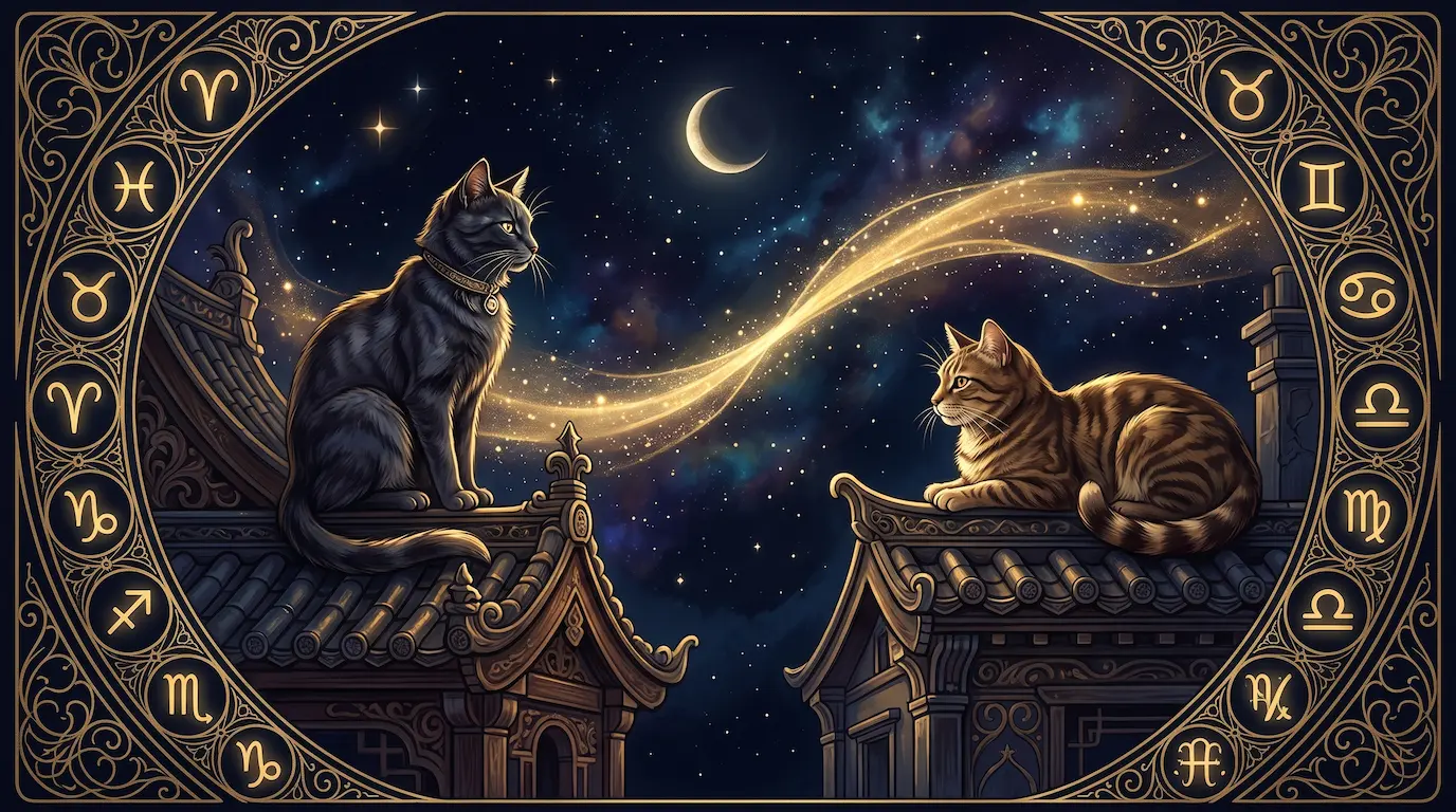 Two cats of contrasting zodiac temperaments perched on facing rooftops, joined by a golden ribbon of stardust, against a deep midnight navy sky with the twelve-sign zodiac wheel in art-nouveau gold filigree