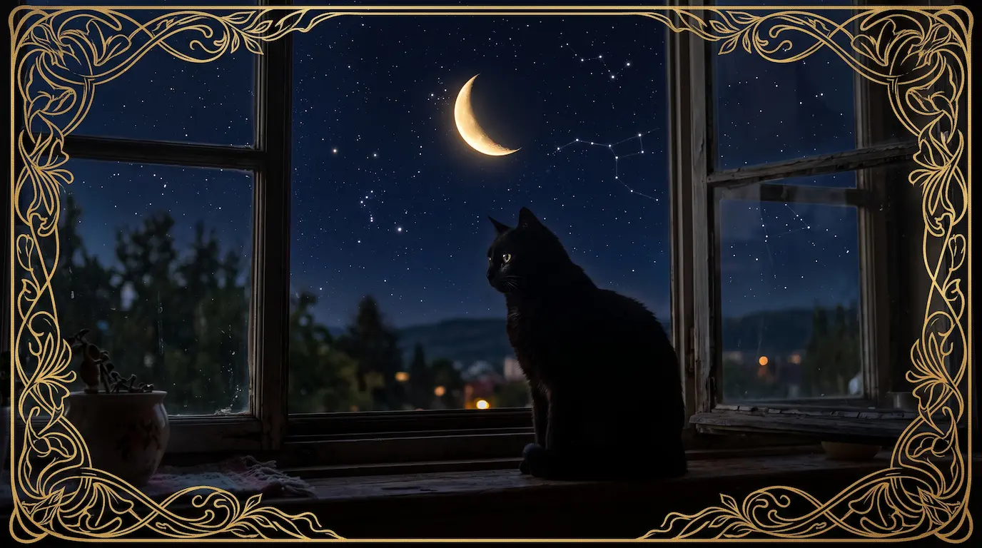 A photoreal black cat perched on a windowsill at night, silhouetted against a deep midnight navy sky with a bright crescent moon and golden constellations