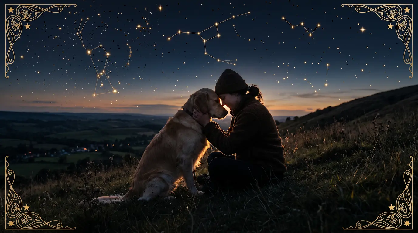 A photoreal scene of a person and their dog sitting close together on a hillside at dusk, foreheads nearly touching, under a deep midnight navy sky with golden constellations