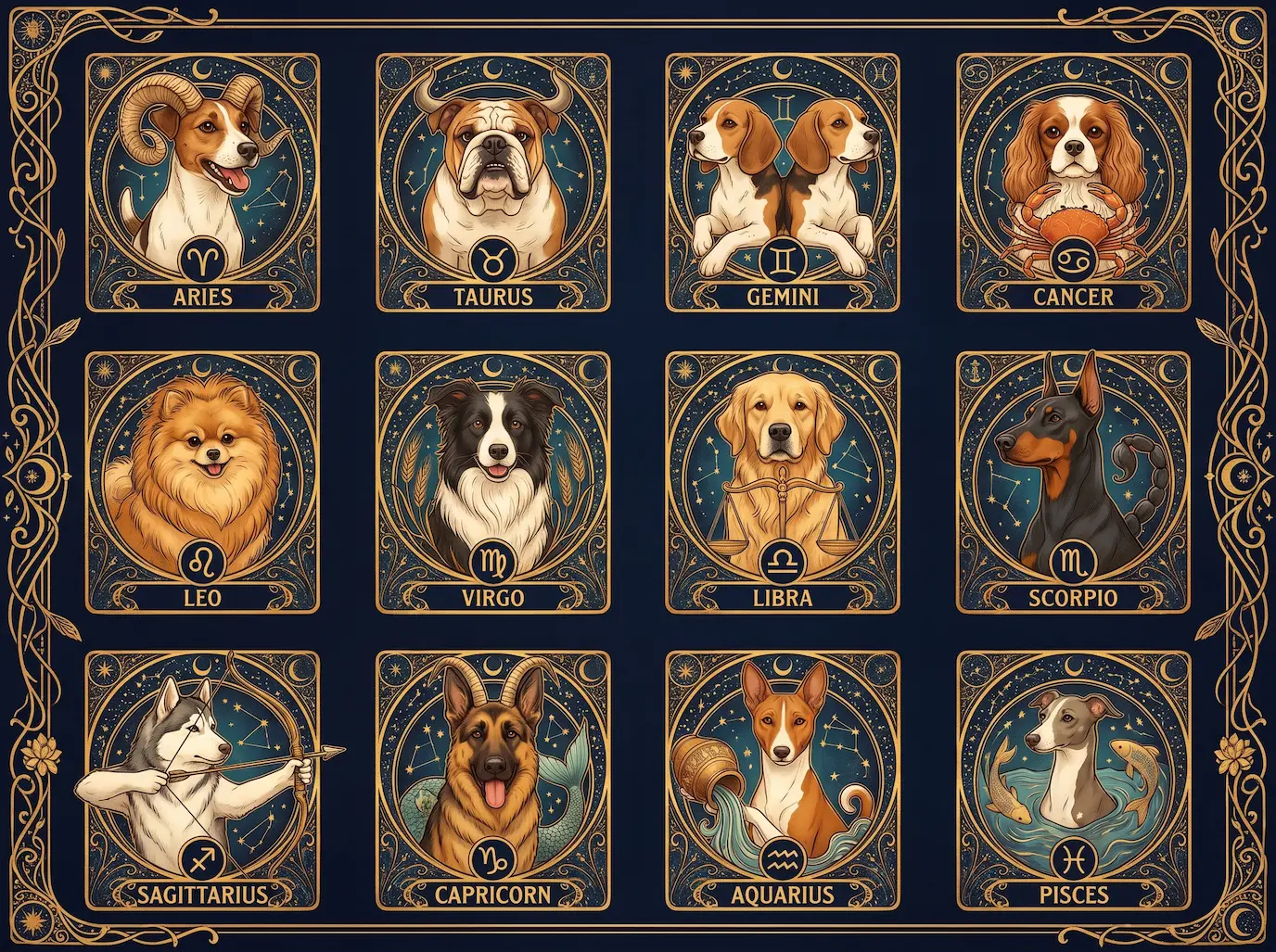 A 4-by-3 grid showing all twelve zodiac-matched dog breeds — Jack Russell Terrier, English Bulldog, Beagle, Cavalier King Charles Spaniel, Pomeranian, Border Collie, Golden Retriever, Doberman Pinscher, Siberian Husky, German Shepherd, Basenji, and Italian Greyhound — each labeled with its sign glyph against a deep midnight navy background with constellations and gold accents