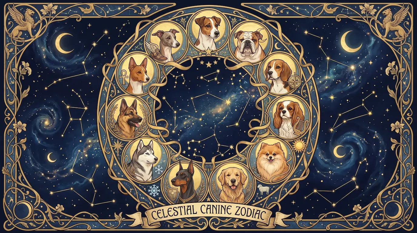A celestial illustration of twelve dog breeds arranged in a zodiac wheel — Jack Russell, Bulldog, Beagle, Cavalier, Pomeranian, Border Collie, Golden Retriever, Doberman, Husky, German Shepherd, Basenji, and Italian Greyhound — rendered against a deep midnight navy sky with constellations and gold accents
