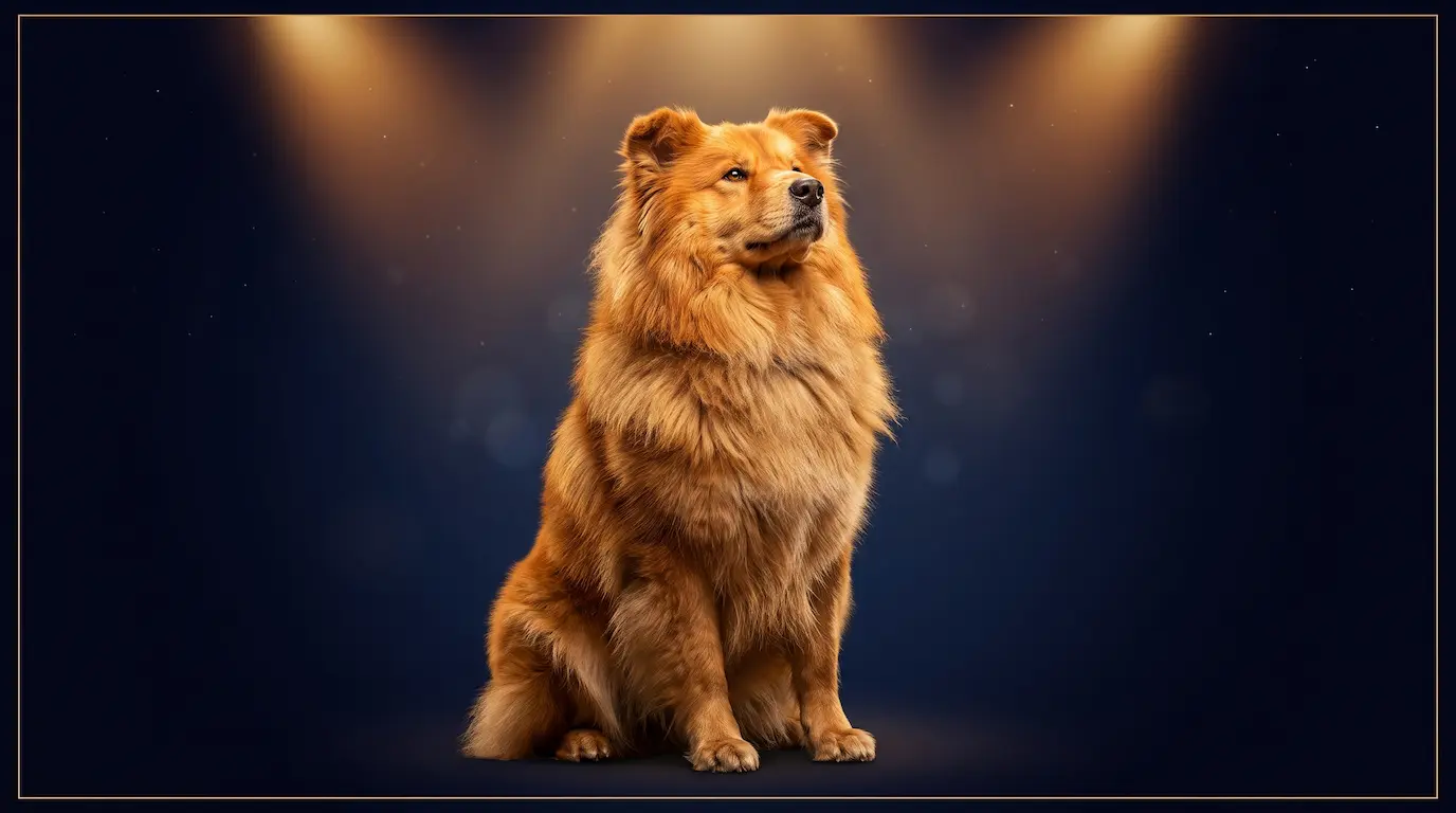 A proud golden dog with a full lion-like mane sitting upright with its chin lifted under a warm golden stage spotlight against a deep navy background, embodying the confident, theatrical energy of a Leo dog