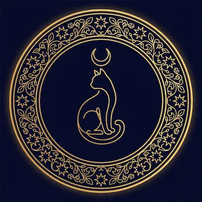 Gold line-art emblem: a seated cat in profile beneath a crescent moon, ringed by art-nouveau stars and vines