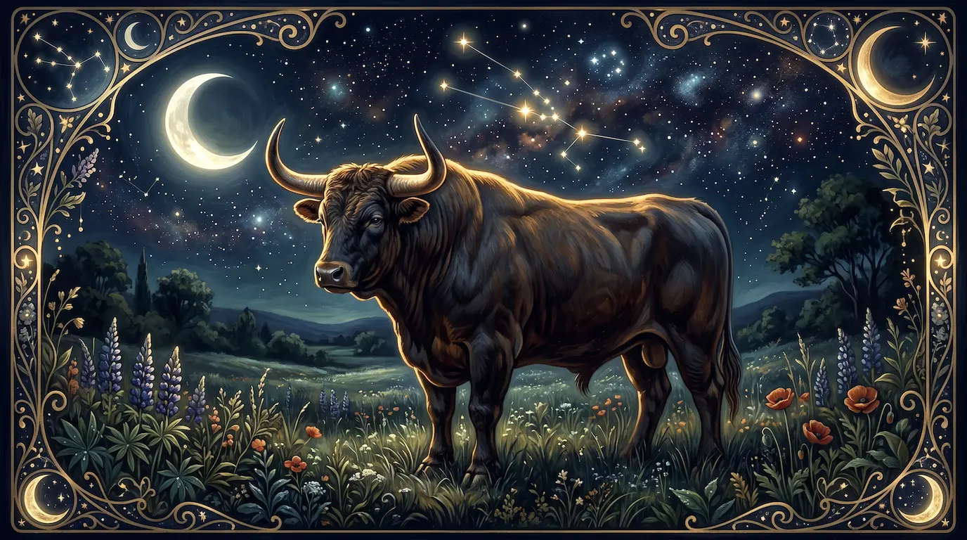 A powerful bull standing calmly in a moonlit spring meadow under a starry midnight sky, gold rim-lighting along its muscled shoulders, art-nouveau celestial accents and the Taurus constellation overhead — the Taurus spirit animal