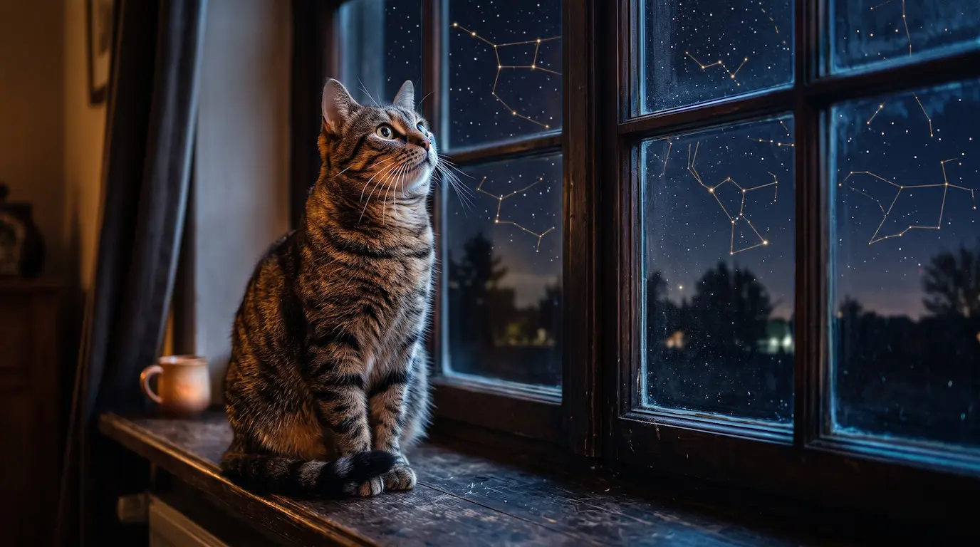 A photoreal tabby cat sitting on a wooden windowsill at night, looking up through the window panes at a midnight navy sky traced with golden constellation lines
