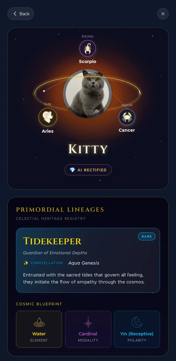 Aetris Soul Portal — a pet photo orbited by Sun in Aries, Moon in Cancer and Rising in Scorpio, marked AI Rectified, above the Primordial Lineages card