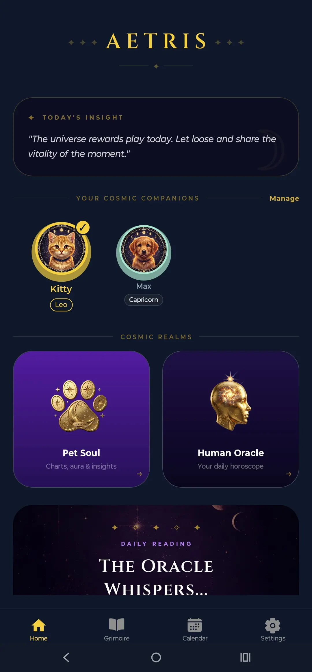 Aetris app home screen — Today's Insight, Cosmic Companions, and Daily Oracle reading