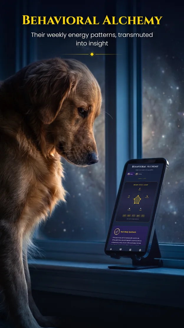 Aetris app — Behavioral Alchemy: a golden retriever beside the weekly Body-Soul Map radar chart