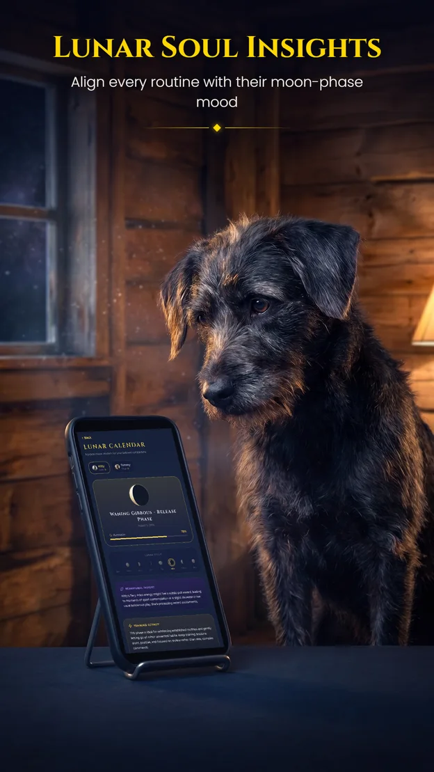 Aetris app — Lunar Soul Insights: a terrier beside the Lunar Calendar waning gibbous reading