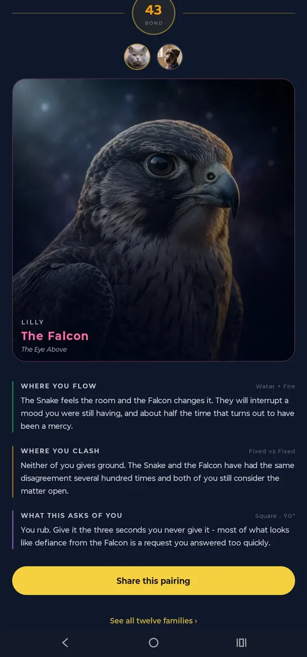 The Falcon — one of the four Leo beasts — shown in an Aetris pairing, read against the other beast in the household rather than on its own