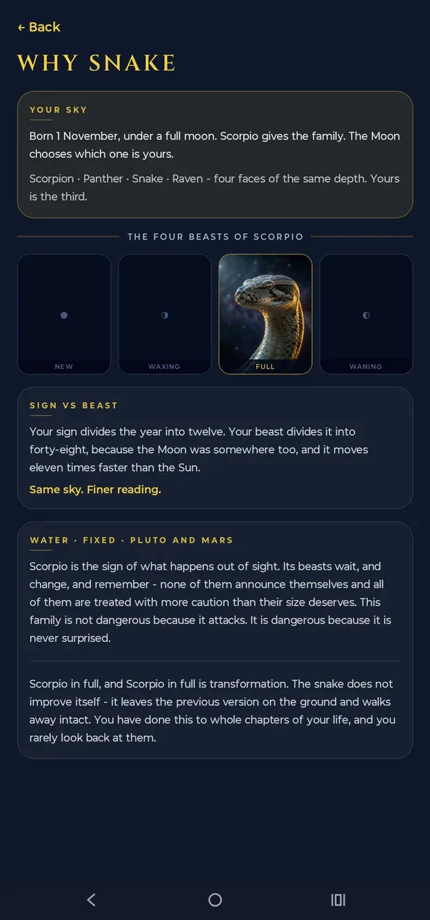 The Aetris app explaining why a Scorpio born under a full moon is the Snake — the four beasts of Scorpio laid out by moon phase, with the full-moon slot unlocked