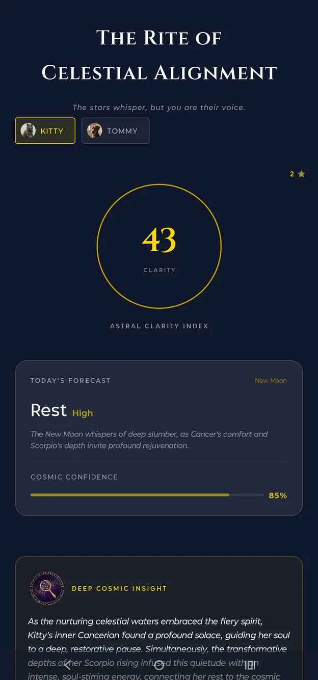 Aetris — The Rite of Celestial Alignment: astral clarity index and today's forecast for Kitty and Tommy